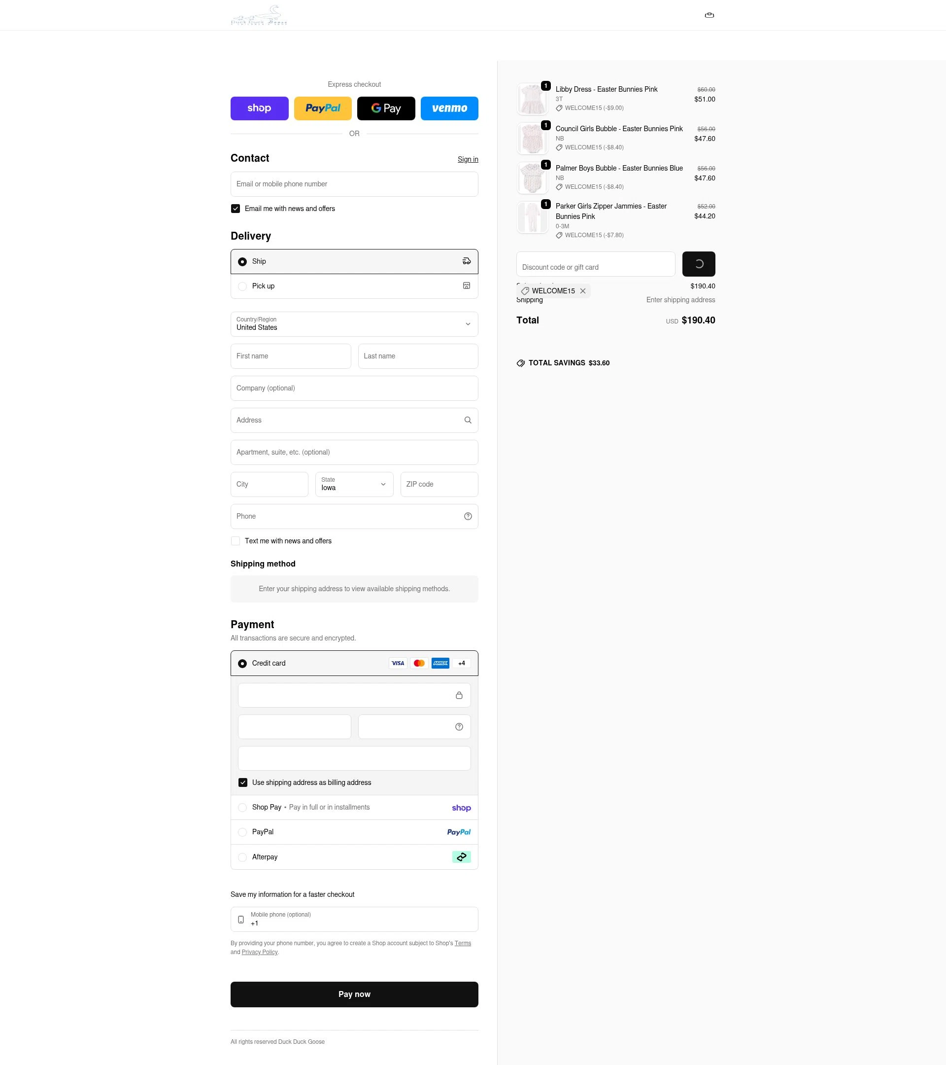 Duck Duck Goose checkout page showing Duck Duck Goose promo code box | Screenshot taken by SimplyCodes community member on Feb 13, 2026