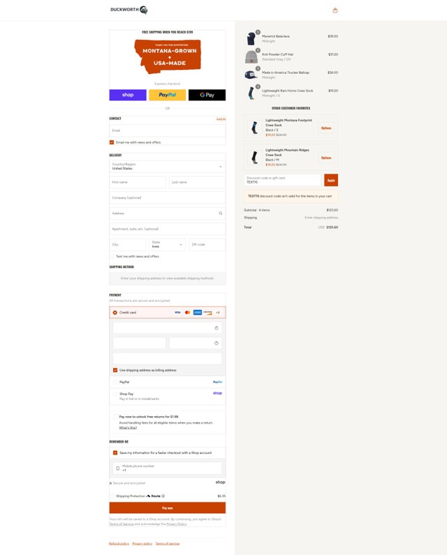 Duckworth checkout page showing Duckworth promo code box | Screenshot taken by SimplyCodes community member on Sep 2, 2025