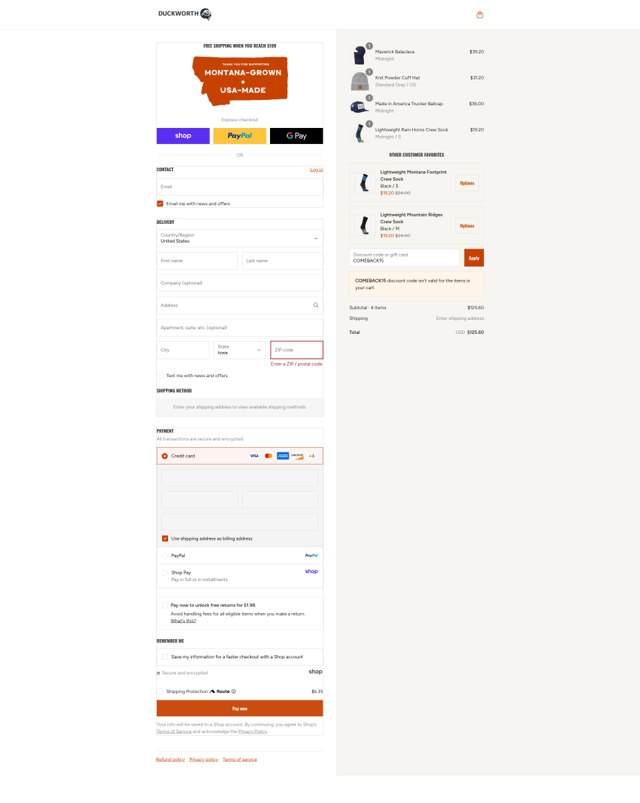 Duckworth checkout page showing Duckworth promo code box | Screenshot taken by SimplyCodes community member on Aug 29, 2025