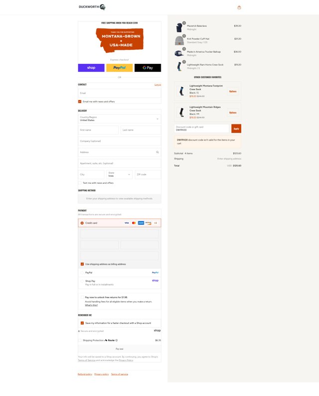 Duckworth checkout page showing Duckworth promo code box | Screenshot taken by SimplyCodes community member on Aug 29, 2025