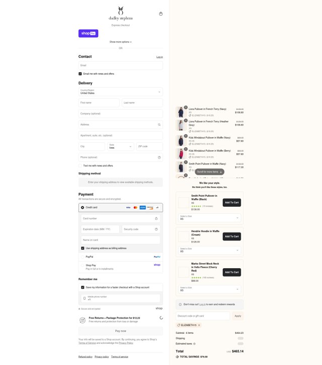 Dudley Stephens checkout page showing Dudley Stephens coupon code box | Screenshot taken by SimplyCodes community member on Aug 25, 2025