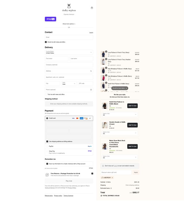 Dudley Stephens checkout page showing Dudley Stephens coupon code box | Screenshot taken by SimplyCodes community member on Aug 25, 2025