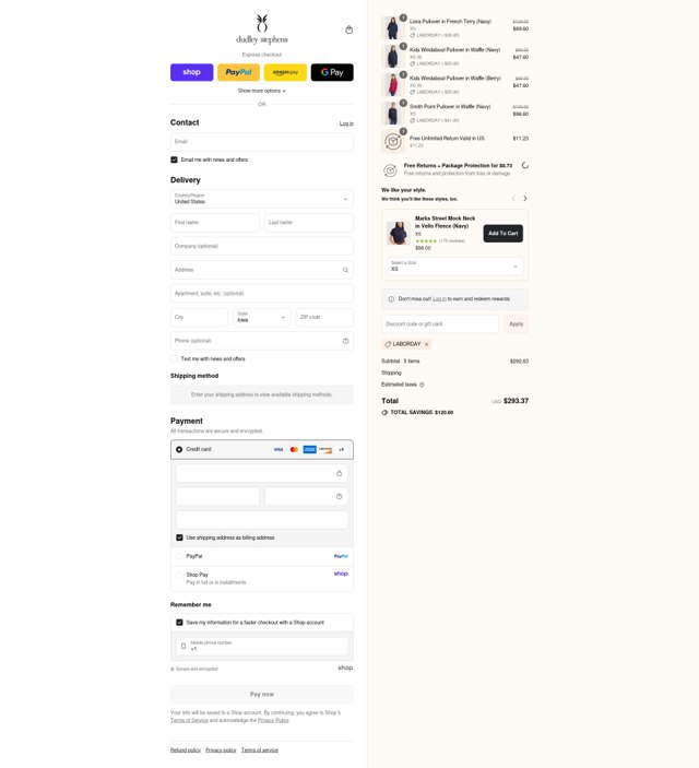 Dudley Stephens checkout page showing Dudley Stephens coupon code box | Screenshot taken by SimplyCodes community member on Aug 29, 2025