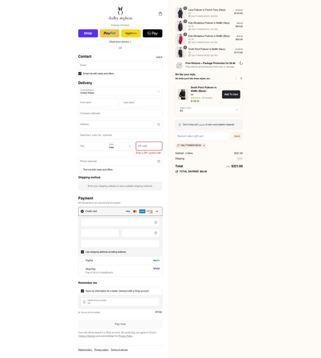 Dudley Stephens checkout page showing Dudley Stephens coupon code box | Screenshot taken by SimplyCodes community member on Sep 2, 2025