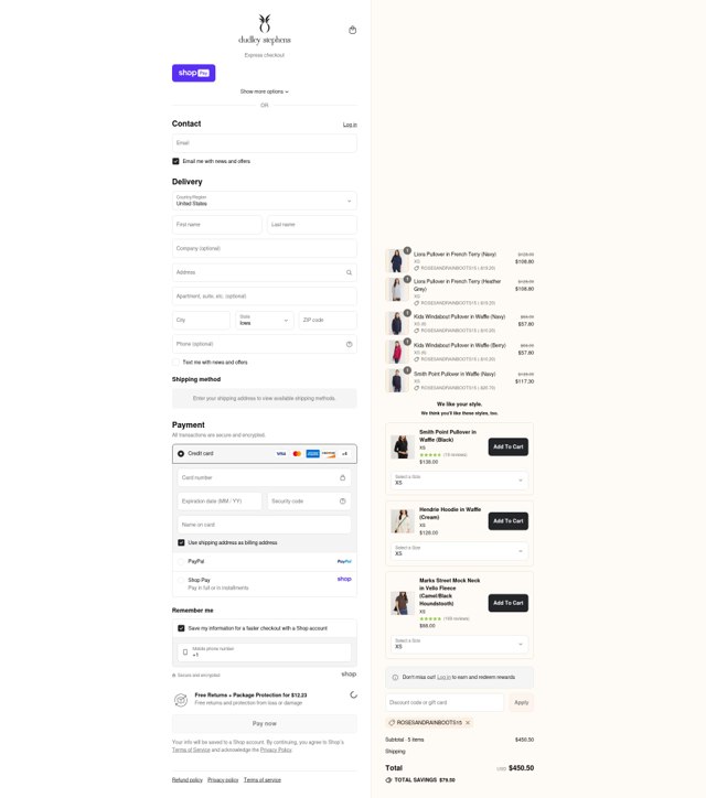 Dudley Stephens checkout page showing Dudley Stephens coupon code box | Screenshot taken by SimplyCodes community member on Aug 25, 2025