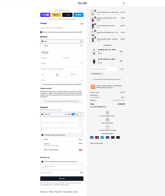 DUER checkout page showing DUER discount code box | Screenshot taken by SimplyCodes community member on Aug 20, 2025