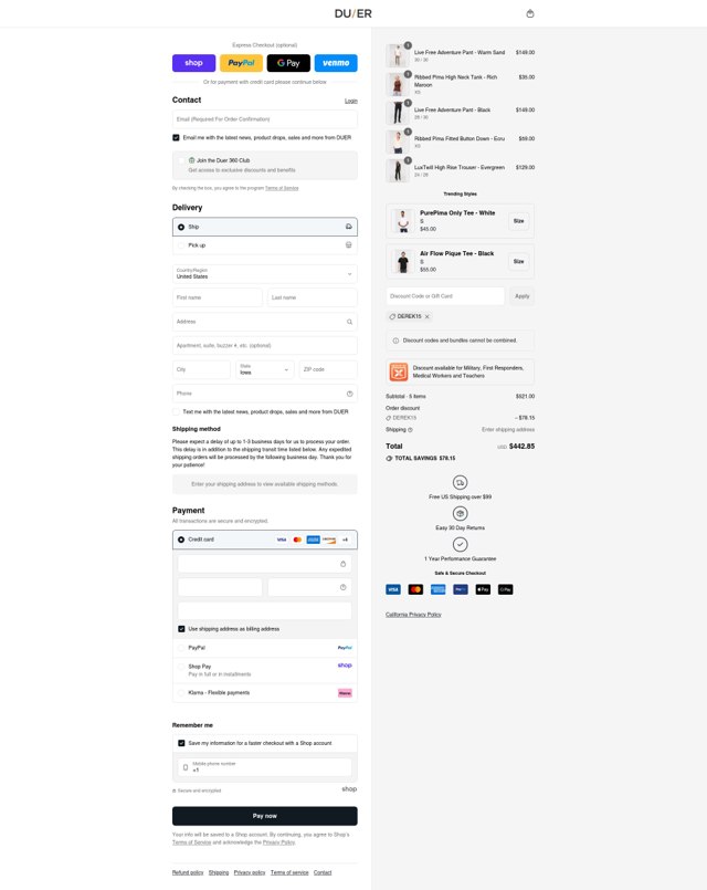 DUER checkout page showing DUER discount code box | Screenshot taken by SimplyCodes community member on Aug 29, 2025