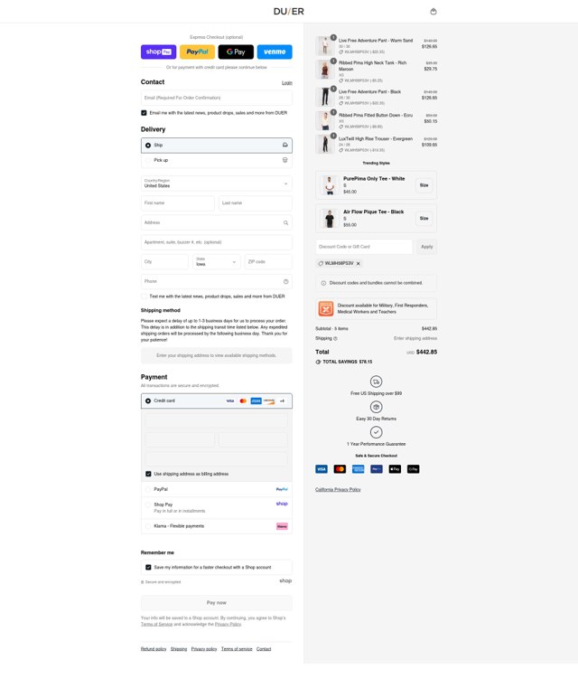 DUER checkout page showing DUER discount code box | Screenshot taken by SimplyCodes community member on Aug 20, 2025