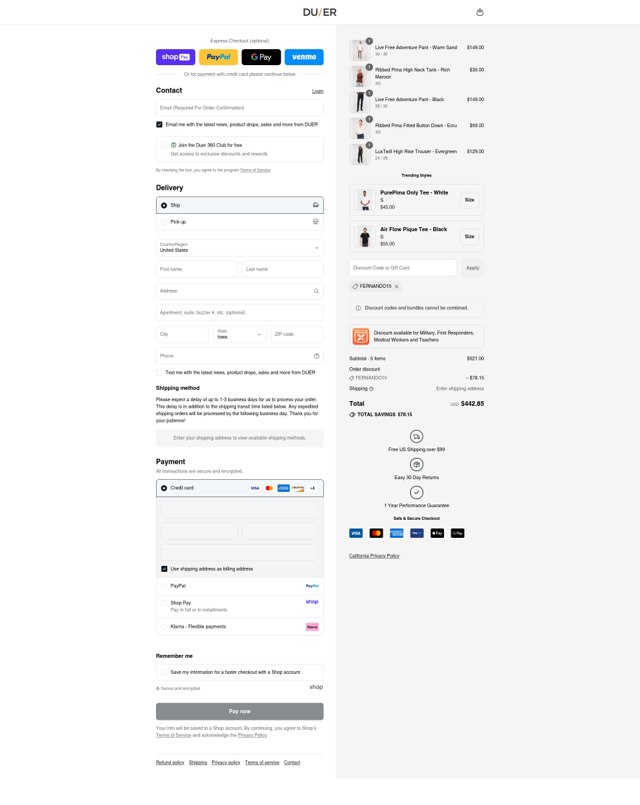 DUER checkout page showing DUER discount code box | Screenshot taken by SimplyCodes community member on Aug 24, 2025