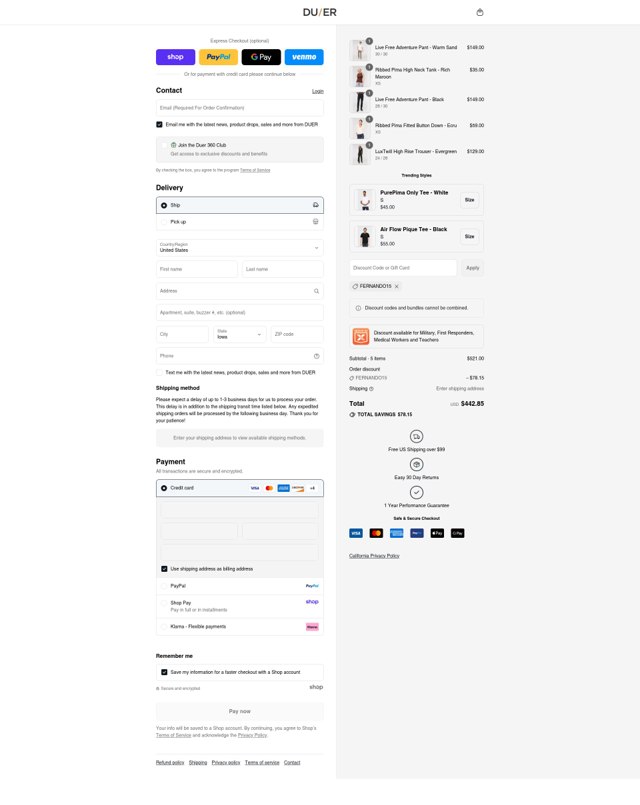 DUER checkout page showing DUER discount code box | Screenshot taken by SimplyCodes community member on Aug 29, 2025