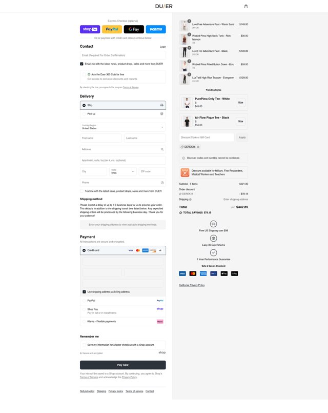 DUER checkout page showing DUER discount code box | Screenshot taken by SimplyCodes community member on Aug 24, 2025