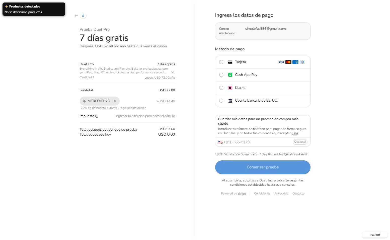 Duet Inc. checkout page showing Duet Inc. promo code box | Screenshot taken by SimplyCodes community member on Oct 28, 2025