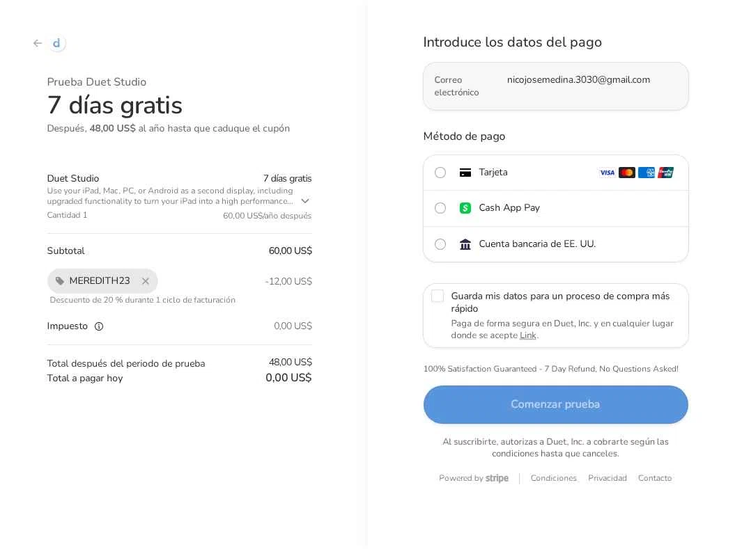Duet Inc. checkout page showing Duet Inc. promo code box | Screenshot taken by SimplyCodes community member on Dec 11, 2025