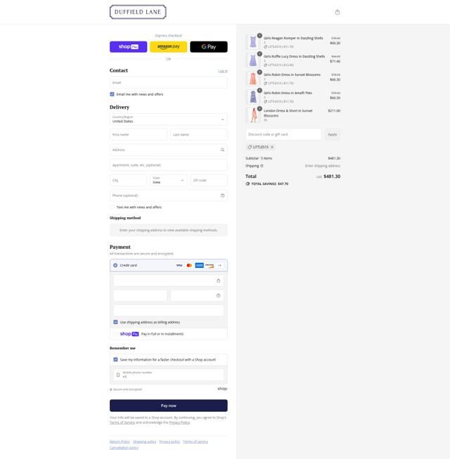 Duffield Lane checkout page showing Duffield Lane promo code box | Screenshot taken by SimplyCodes community member on Jul 15, 2025
