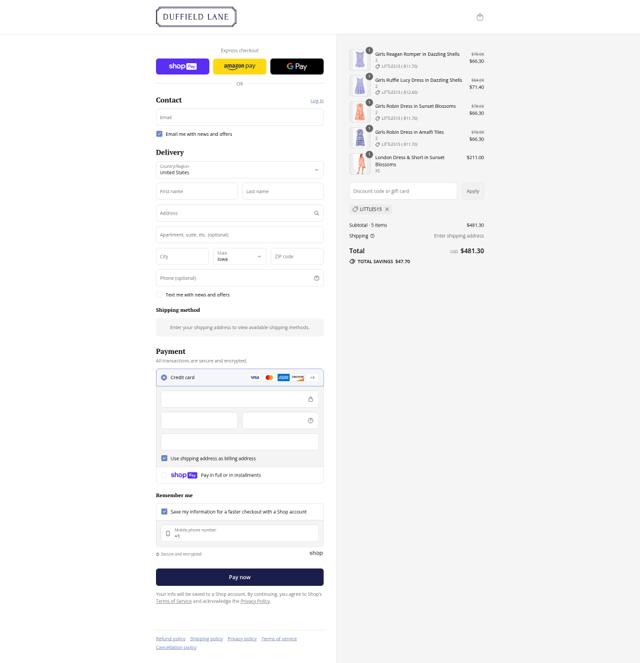 Duffield Lane checkout page showing Duffield Lane promo code box | Screenshot taken by SimplyCodes community member on Jul 4, 2025