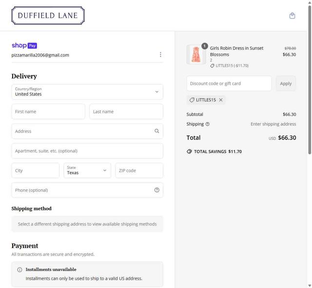 Duffield Lane checkout page showing Duffield Lane promo code box | Screenshot taken by SimplyCodes community member on Jun 4, 2025
