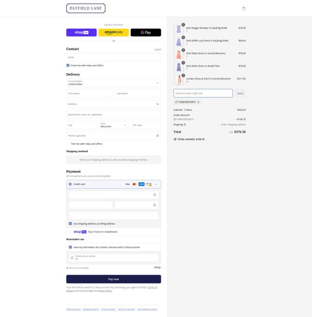 Duffield Lane checkout page showing Duffield Lane promo code box | Screenshot taken by SimplyCodes community member on Jun 16, 2025