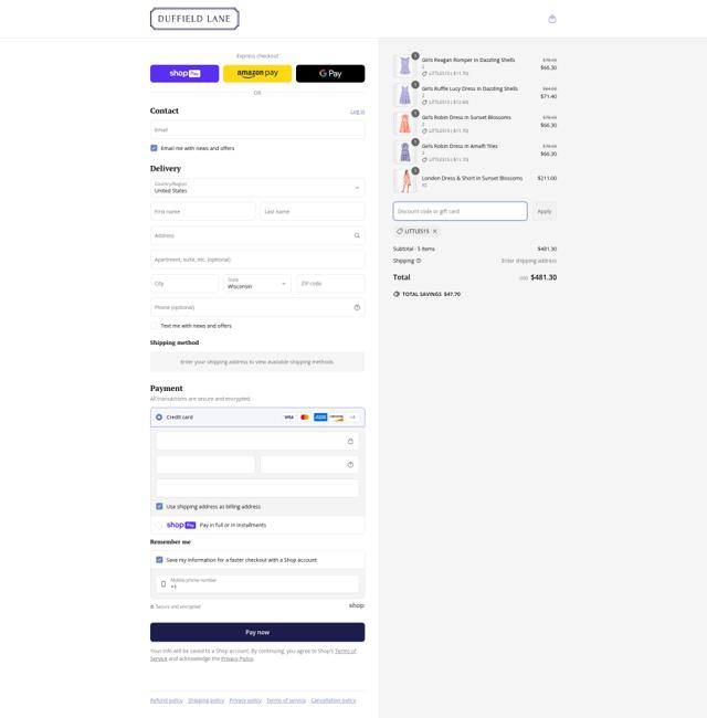 Duffield Lane checkout page showing Duffield Lane promo code box | Screenshot taken by SimplyCodes community member on Jun 16, 2025