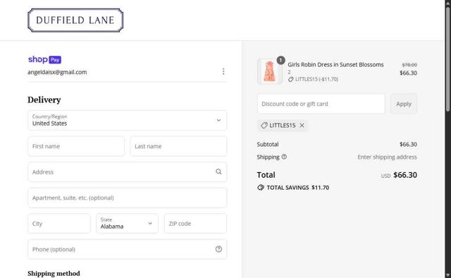 Duffield Lane checkout page showing Duffield Lane promo code box | Screenshot taken by SimplyCodes community member on Jul 3, 2025