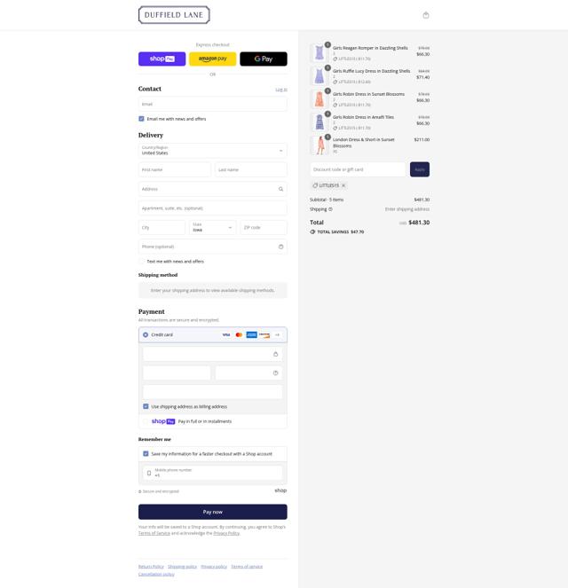 Duffield Lane checkout page showing Duffield Lane promo code box | Screenshot taken by SimplyCodes community member on Jul 10, 2025