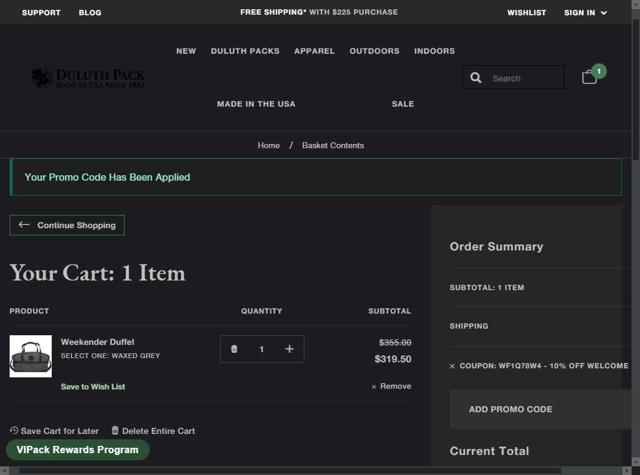 Duluth Pack checkout page showing Duluth Pack promo code box | Screenshot taken by SimplyCodes community member on Aug 19, 2025