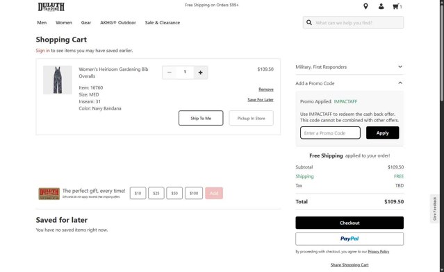 Duluth Trading checkout page showing Duluth Trading promo code box | Screenshot taken by SimplyCodes community member on Aug 26, 2025