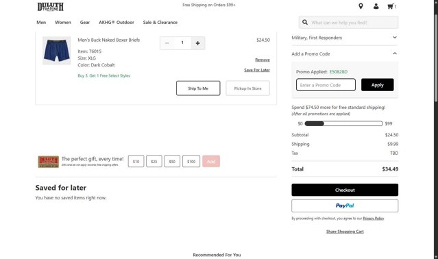 Duluth Trading checkout page showing Duluth Trading promo code box | Screenshot taken by SimplyCodes community member on Aug 28, 2025