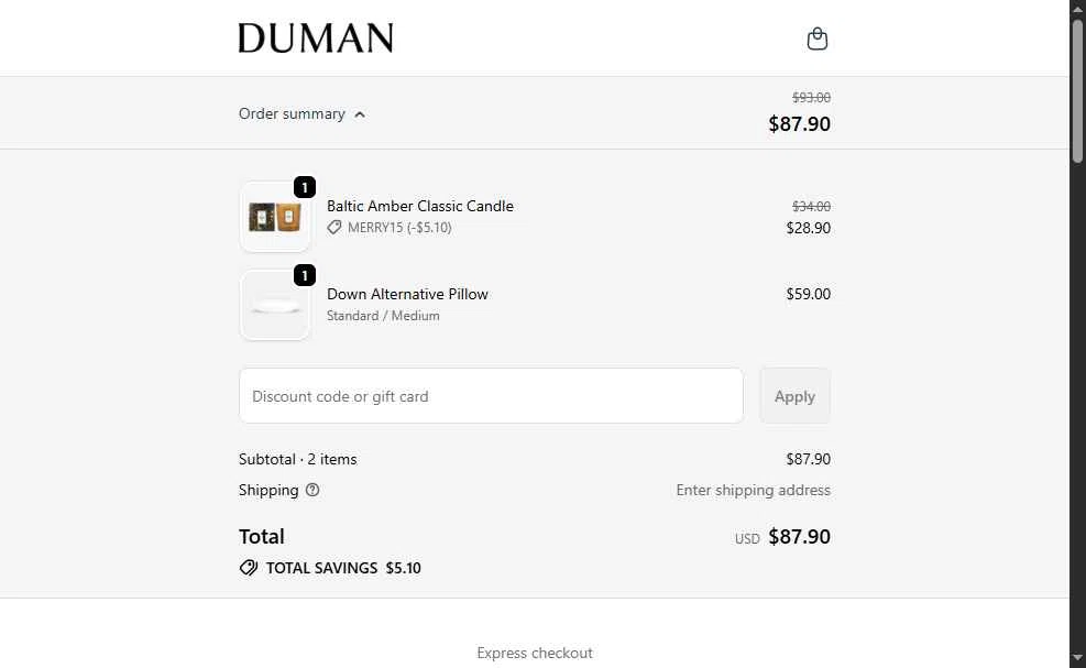 Duman Home checkout page showing Duman Home promo code box | Screenshot taken by SimplyCodes community member on Dec 19, 2025