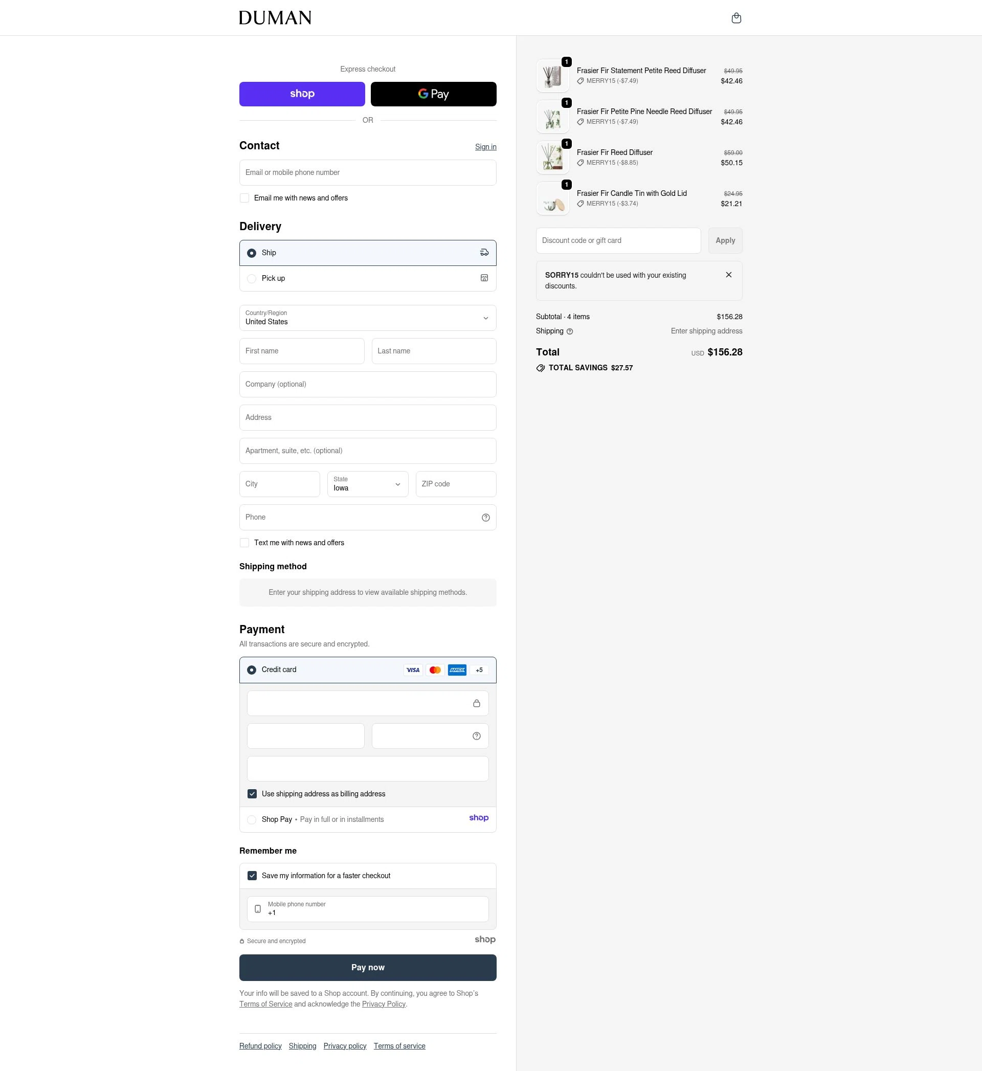 Duman Home checkout page showing Duman Home promo code box | Screenshot taken by SimplyCodes community member on Dec 24, 2025