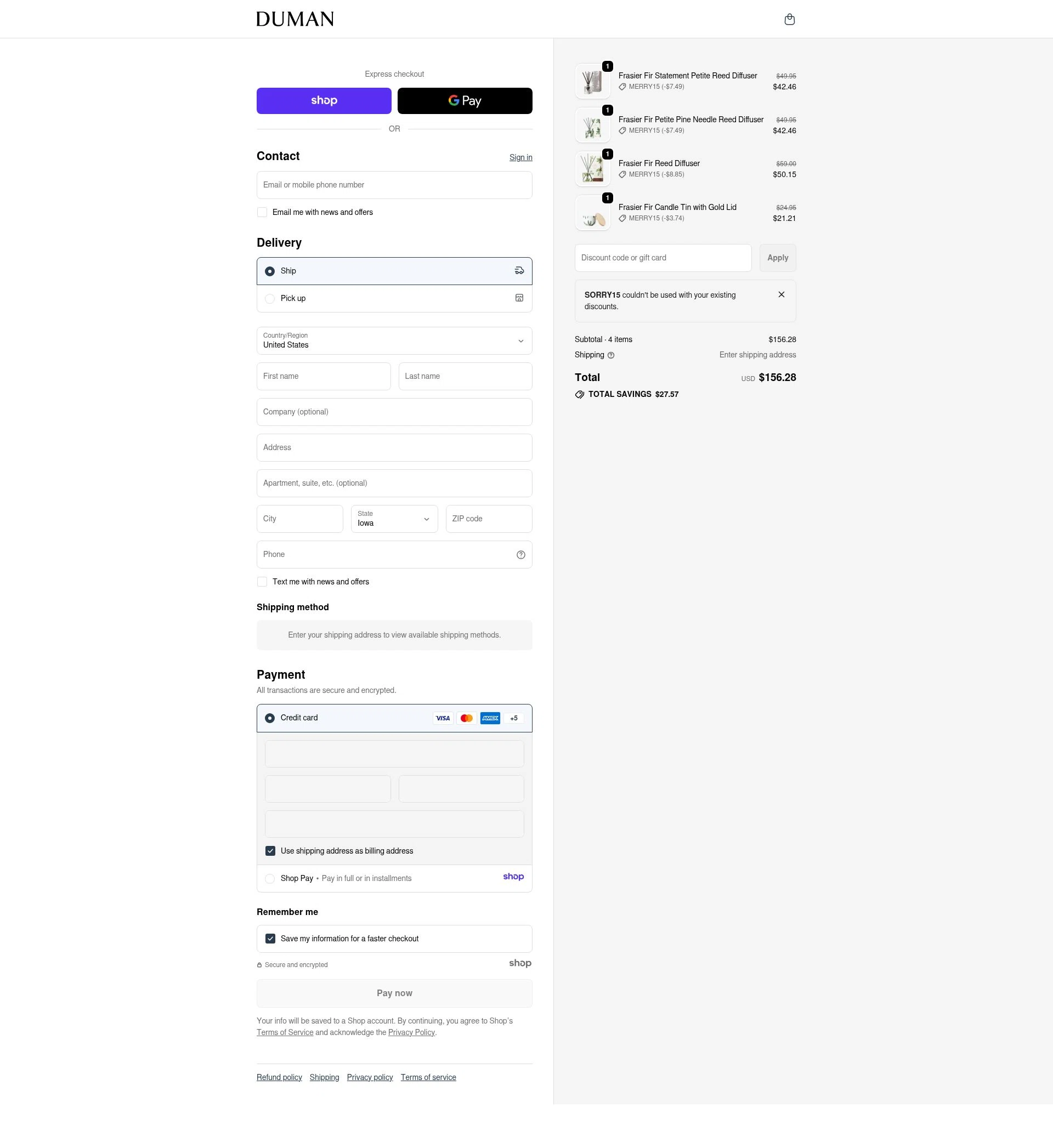 Duman Home checkout page showing Duman Home promo code box | Screenshot taken by SimplyCodes community member on Dec 18, 2025