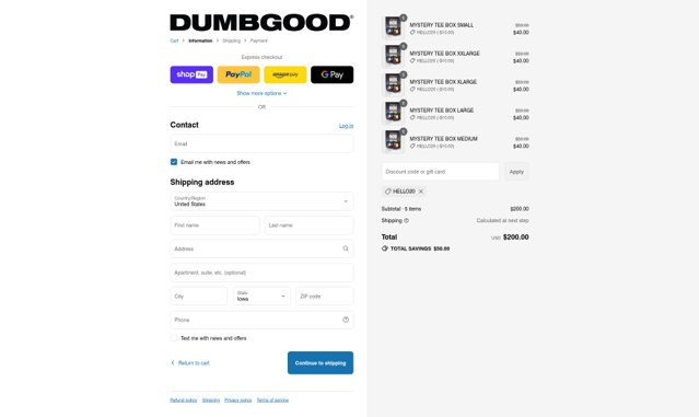 Dumbgood checkout page showing Dumbgood coupon code box | Screenshot taken by SimplyCodes community member on Aug 15, 2025
