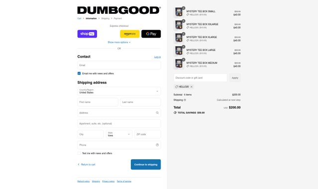 Dumbgood checkout page showing Dumbgood coupon code box | Screenshot taken by SimplyCodes community member on Jul 25, 2025