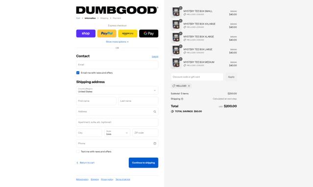 Dumbgood checkout page showing Dumbgood coupon code box | Screenshot taken by SimplyCodes community member on Sep 2, 2025