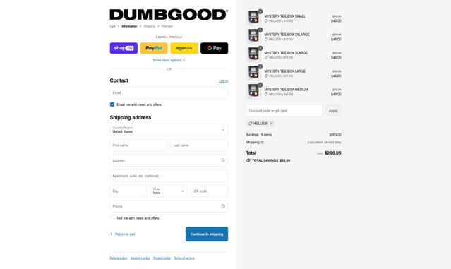 Dumbgood checkout page showing Dumbgood coupon code box | Screenshot taken by SimplyCodes community member on Jul 21, 2025