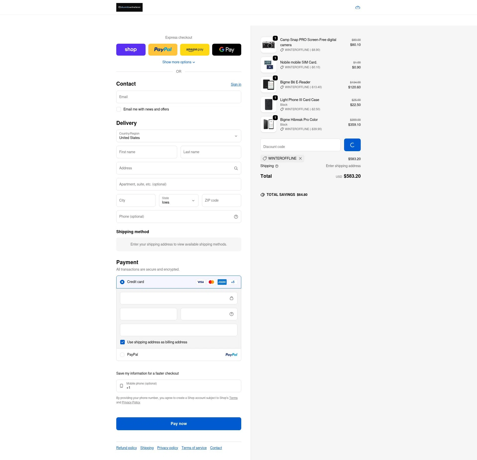 dumbwireless checkout page showing dumbwireless promo code box | Screenshot taken by SimplyCodes community member on Feb 5, 2026