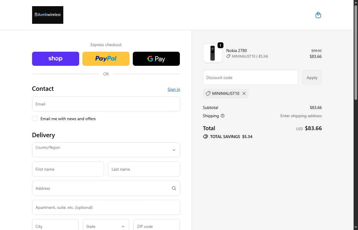 dumbwireless checkout page showing dumbwireless promo code box | Screenshot taken by SimplyCodes community member on Feb 5, 2026