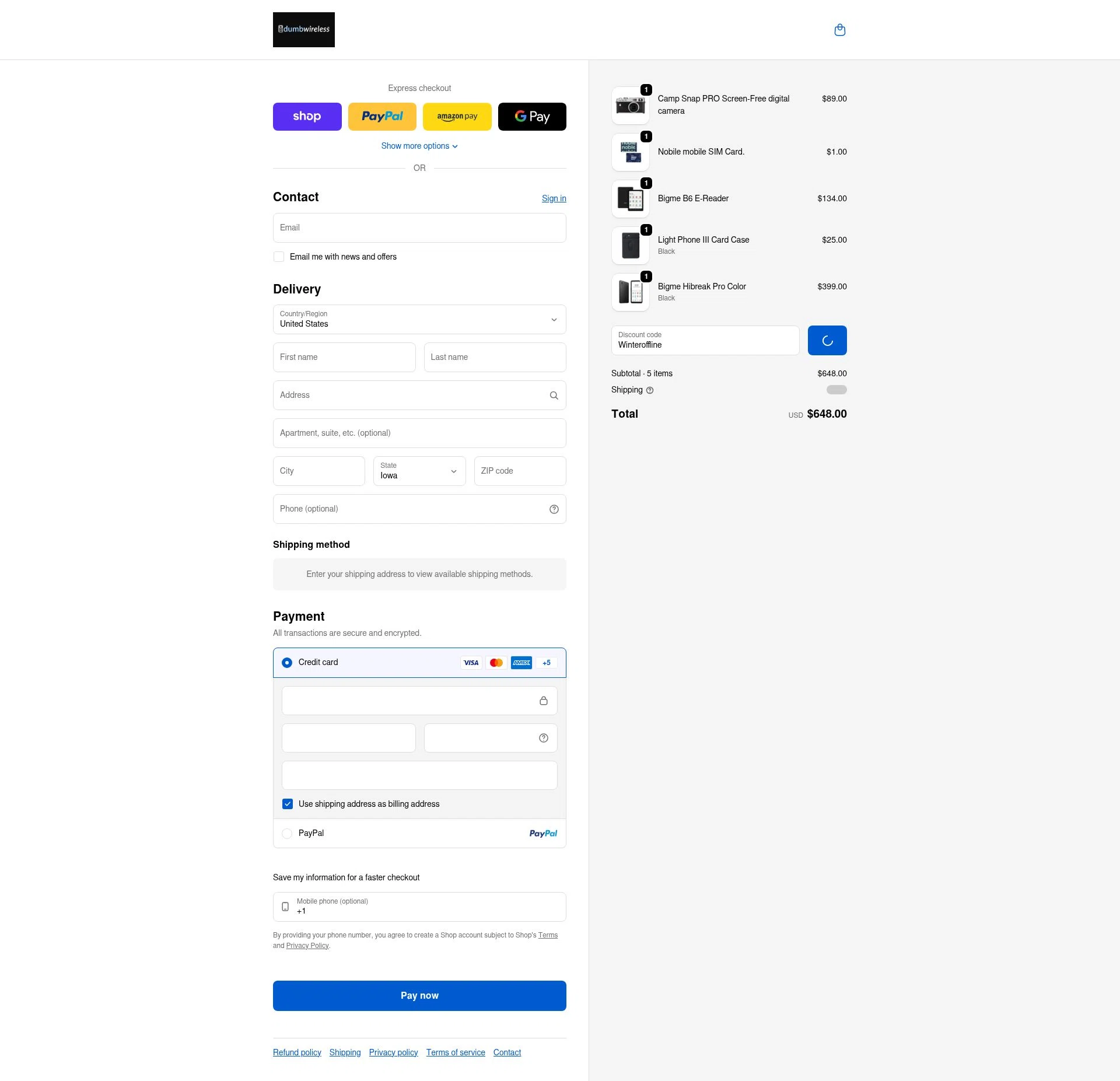 dumbwireless checkout page showing dumbwireless promo code box | Screenshot taken by SimplyCodes community member on Feb 9, 2026