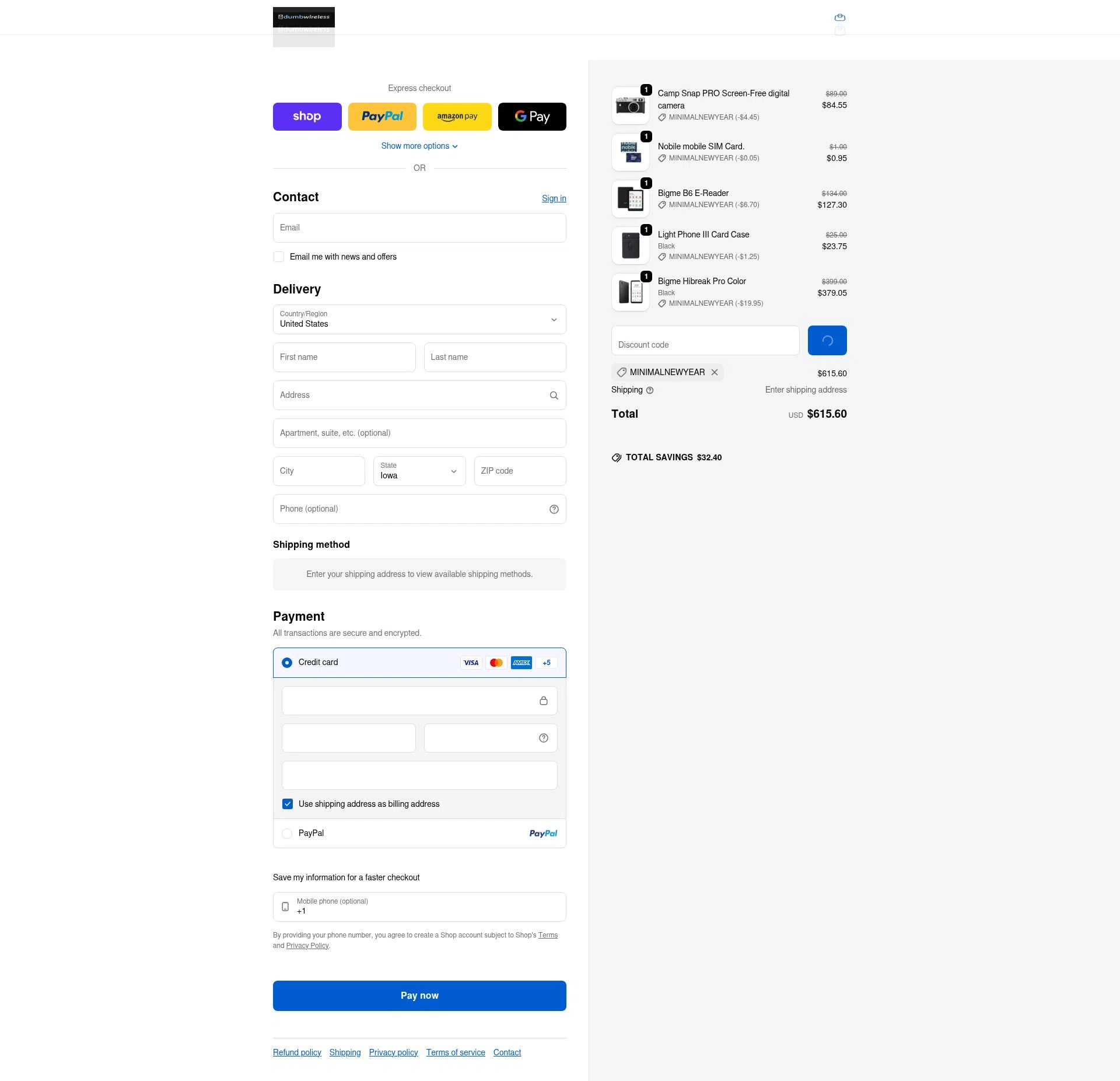 dumbwireless checkout page showing dumbwireless promo code box | Screenshot taken by SimplyCodes community member on Feb 9, 2026