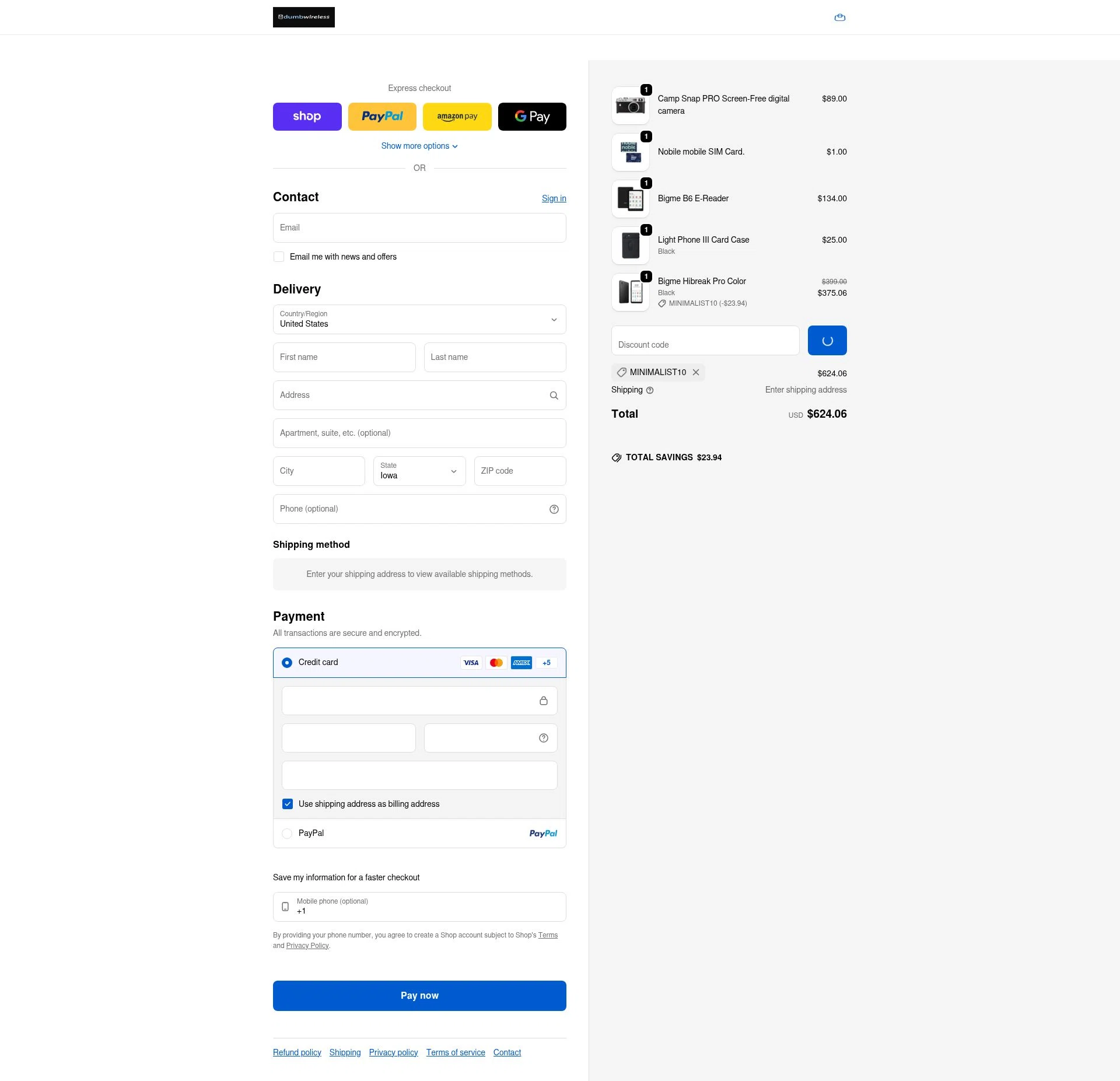 dumbwireless checkout page showing dumbwireless promo code box | Screenshot taken by SimplyCodes community member on Feb 5, 2026