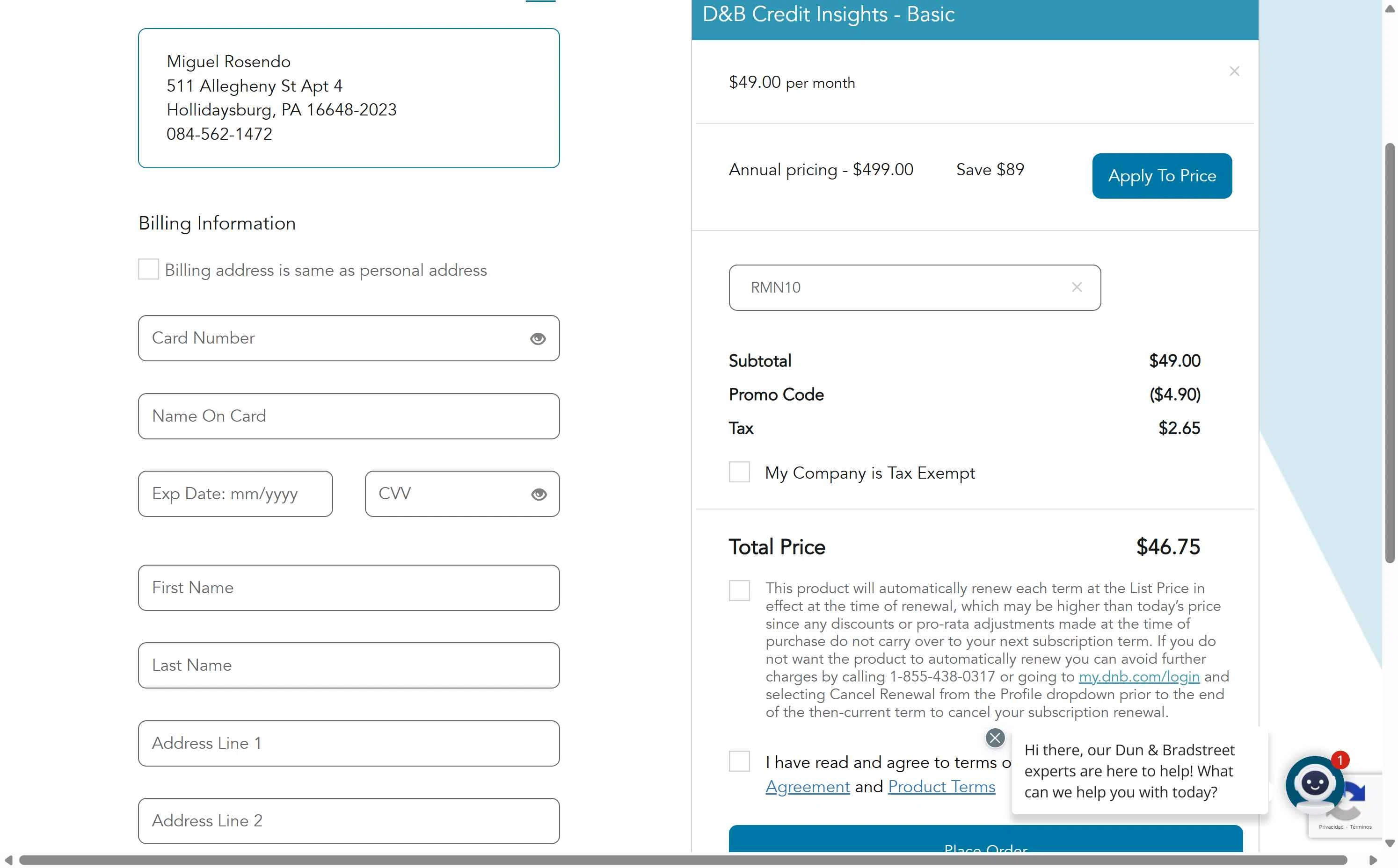 Dun & Bradstreet checkout page showing Dun & Bradstreet promo code box | Screenshot taken by SimplyCodes community member on May 27, 2025