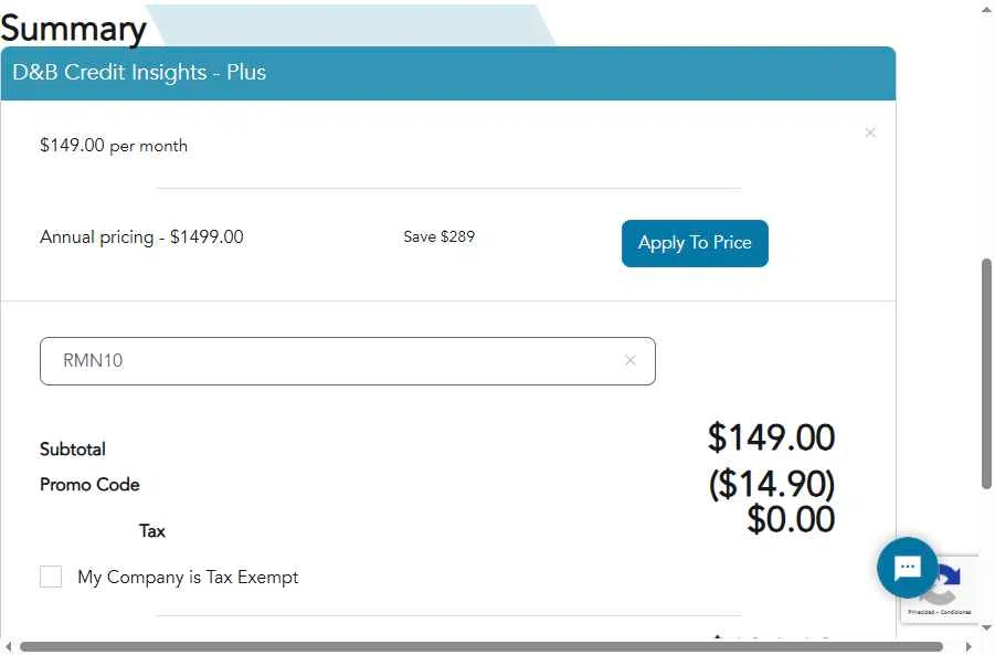 Dun & Bradstreet checkout page showing Dun & Bradstreet promo code box | Screenshot taken by SimplyCodes community member on Jul 7, 2025
