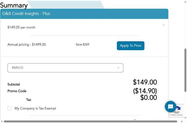 Dun & Bradstreet checkout page showing Dun & Bradstreet promo code box | Screenshot taken by SimplyCodes community member on Jul 7, 2025