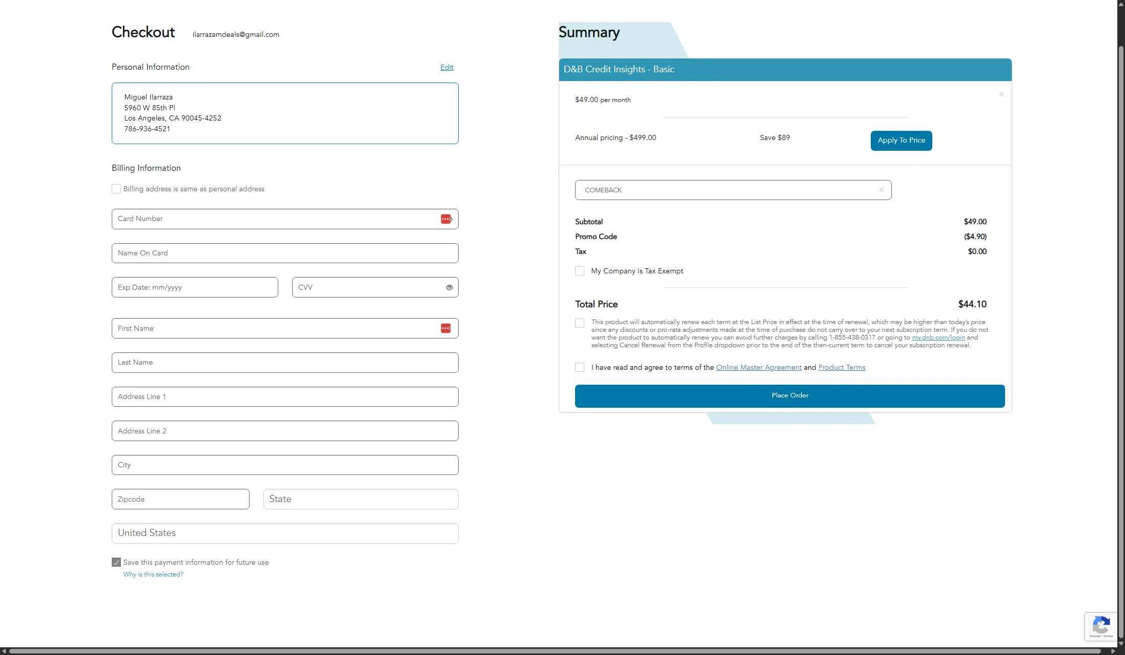 Dun & Bradstreet checkout page showing Dun & Bradstreet promo code box | Screenshot taken by SimplyCodes community member on Jan 7, 2026