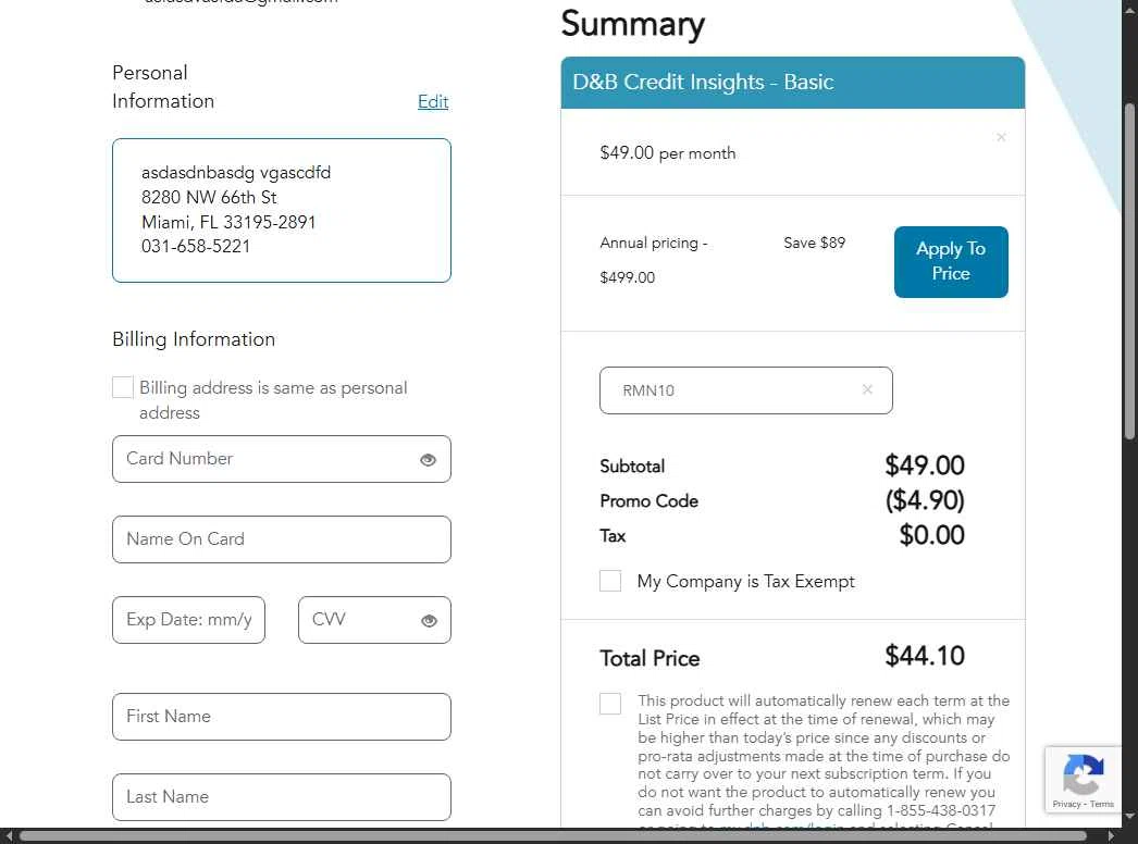 Dun & Bradstreet checkout page showing Dun & Bradstreet promo code box | Screenshot taken by SimplyCodes community member on Dec 5, 2025
