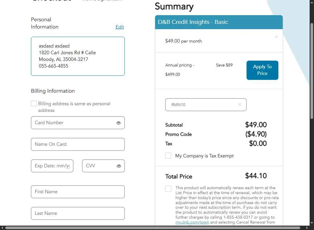 Dun & Bradstreet checkout page showing Dun & Bradstreet promo code box | Screenshot taken by SimplyCodes community member on Feb 21, 2026