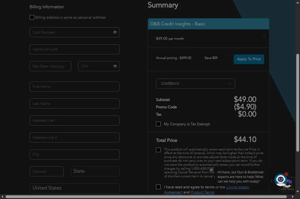 Dun & Bradstreet checkout page showing Dun & Bradstreet promo code box | Screenshot taken by SimplyCodes community member on Aug 13, 2025