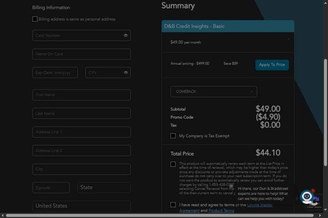 Dun & Bradstreet checkout page showing Dun & Bradstreet promo code box | Screenshot taken by SimplyCodes community member on Aug 13, 2025