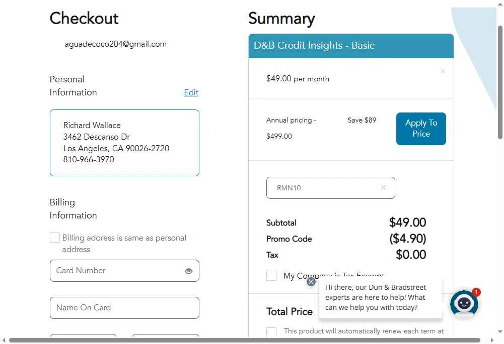 Dun & Bradstreet checkout page showing Dun & Bradstreet promo code box | Screenshot taken by SimplyCodes community member on Aug 18, 2025
