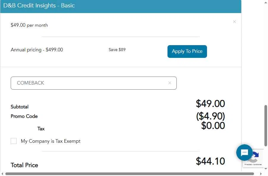 Dun & Bradstreet checkout page showing Dun & Bradstreet promo code box | Screenshot taken by SimplyCodes community member on Jul 7, 2025