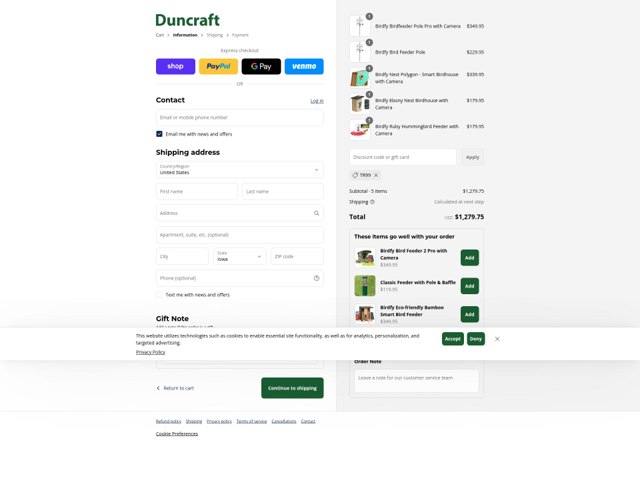 Duncraft checkout page showing Duncraft promo code box | Screenshot taken by SimplyCodes community member on Sep 3, 2025